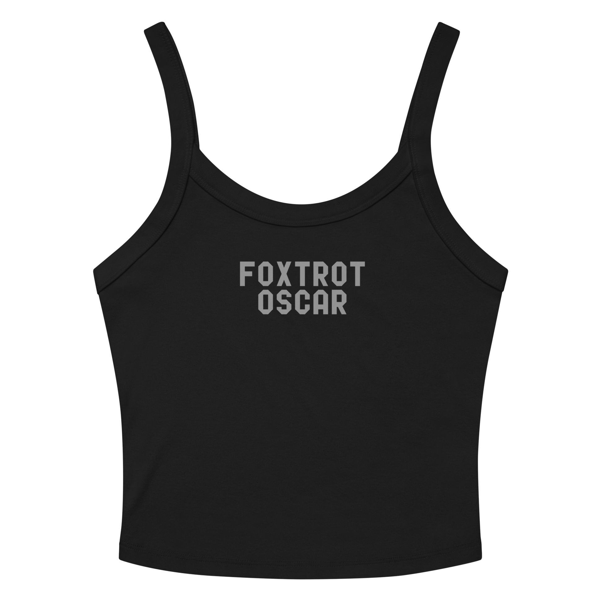 "Foxtrot Oscar" printed on a solid black blend women's micro-rib tanktop laying on a flat surface amongst sunglasses and shorts