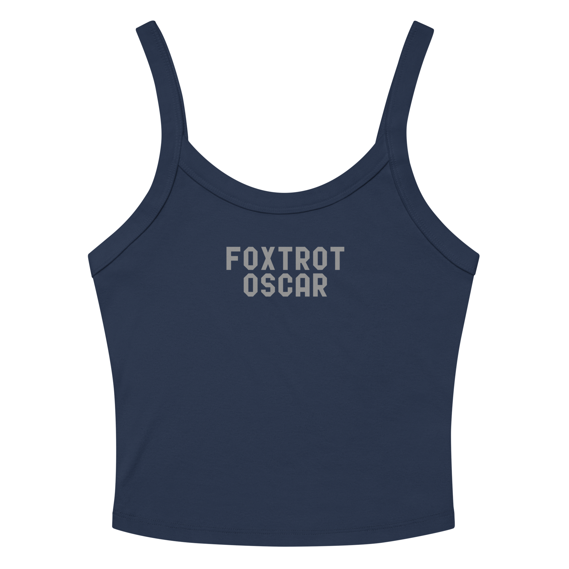 "Foxtrot Oscar" printed on a solid navy blend women's micro-rib tanktop laying on a flat surface amongst sunglasses and shorts