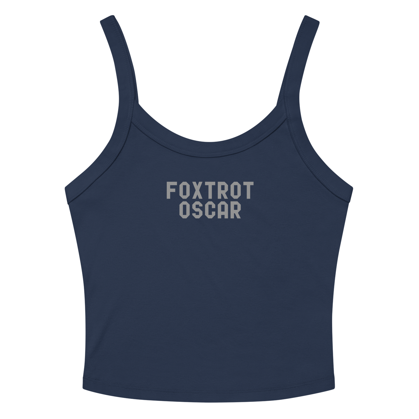 "Foxtrot Oscar" printed on a solid navy blend women's micro-rib tanktop laying on a flat surface amongst sunglasses and shorts
