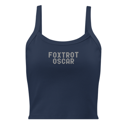 "Foxtrot Oscar" printed on a solid navy blend women's micro-rib tanktop laying on a flat surface