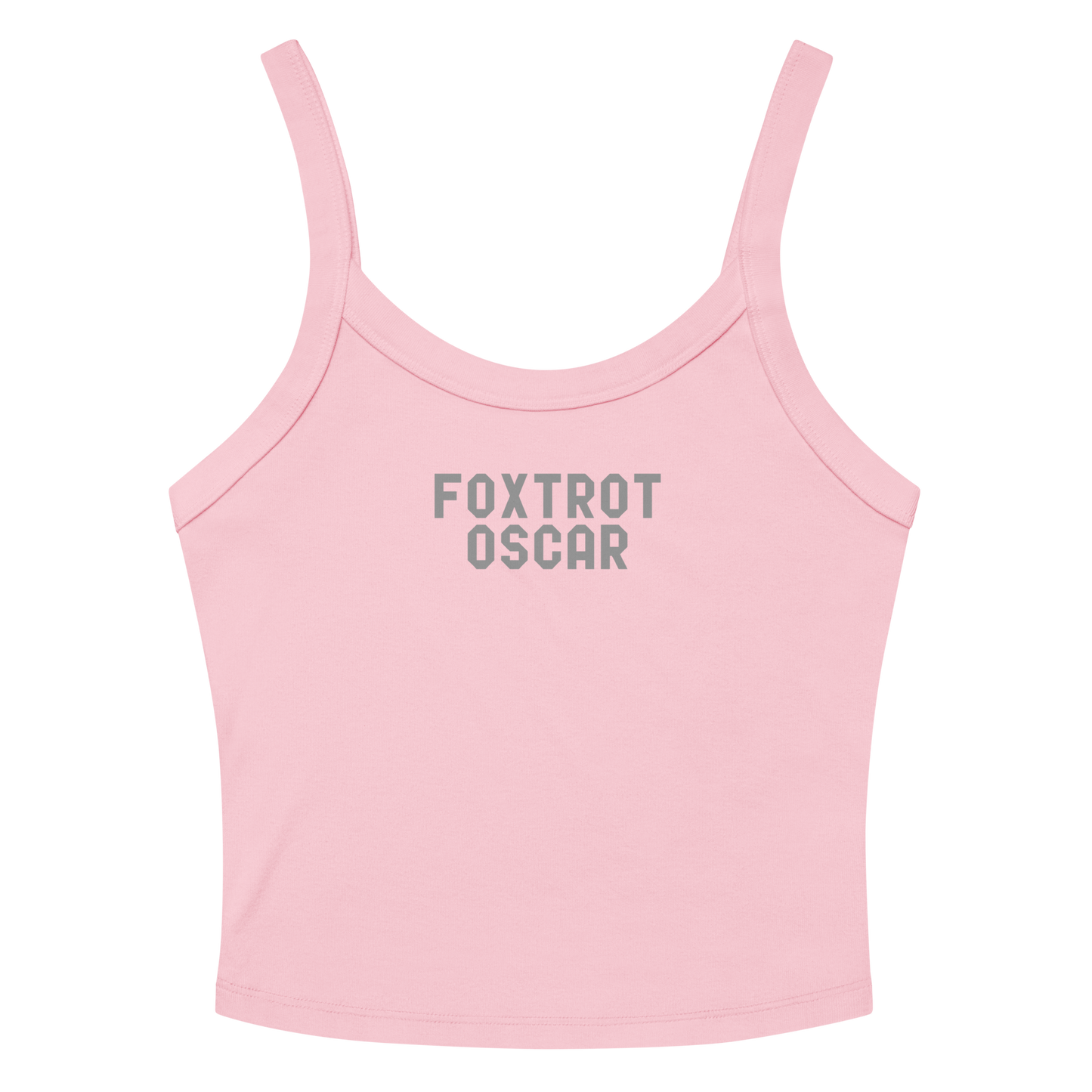 "Foxtrot Oscar" printed on a solid pink blend women's micro-rib tanktop laying on a flat surface amongst sunglasses and shorts