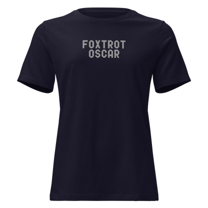 "Foxtrot Oscar" printed on a navy on an invisible / simulated body