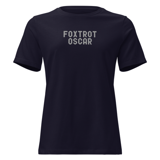 "Foxtrot Oscar" printed on a navy on an invisible / simulated body