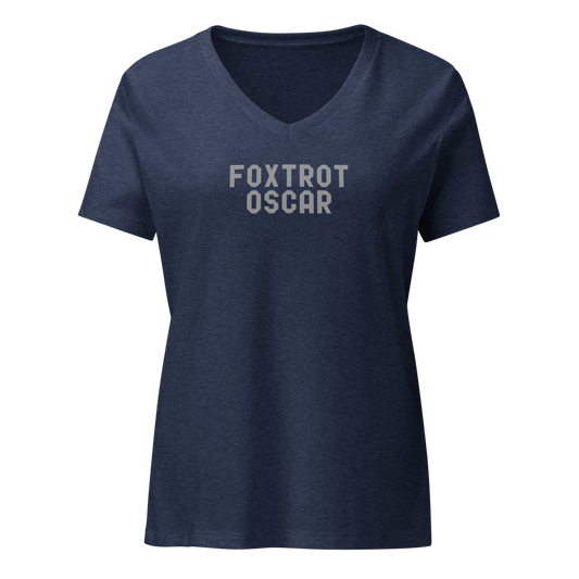 "Foxtrot Oscar" printed on a heather navy on an invisible / simulated body