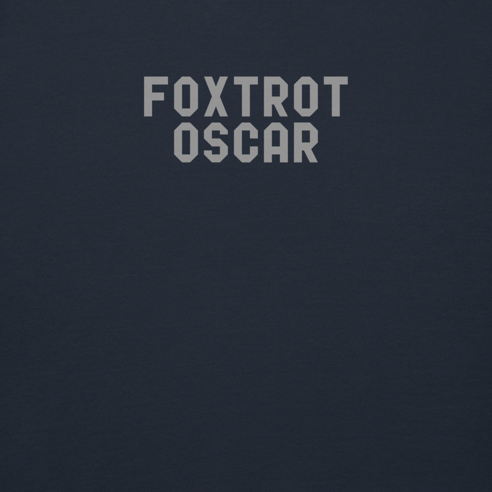 "Foxtrot Oscar" printed on a navy blazer background