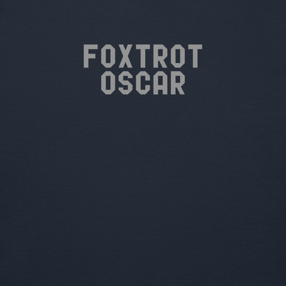 "Foxtrot Oscar" printed on a navy blazer background