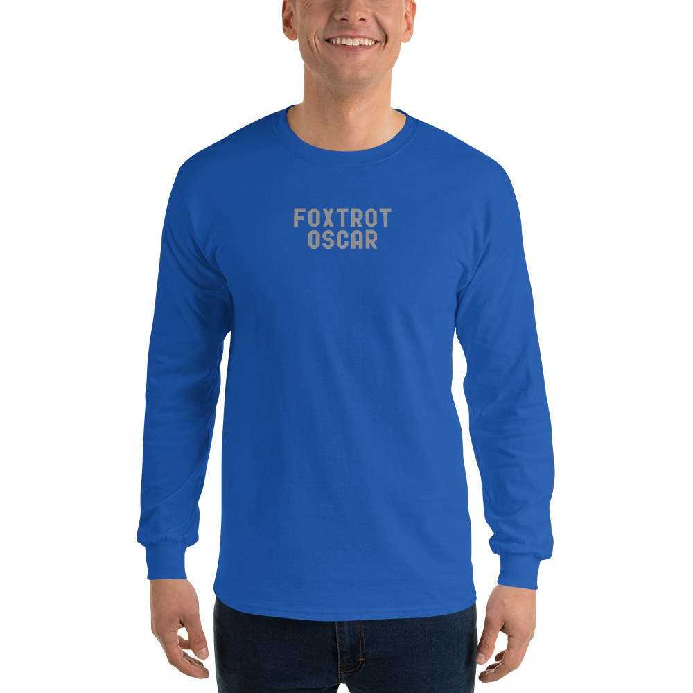 "Foxtrot Oscar" printed on a royal men's long sleeve shirt worn by a male