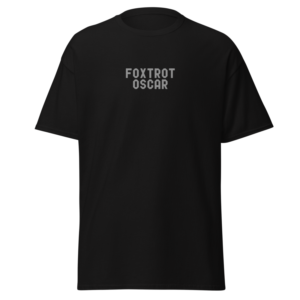 "Foxtrot Oscar" printed on a black on an invisible body