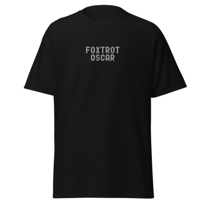 "Foxtrot Oscar" printed on a black on an invisible body