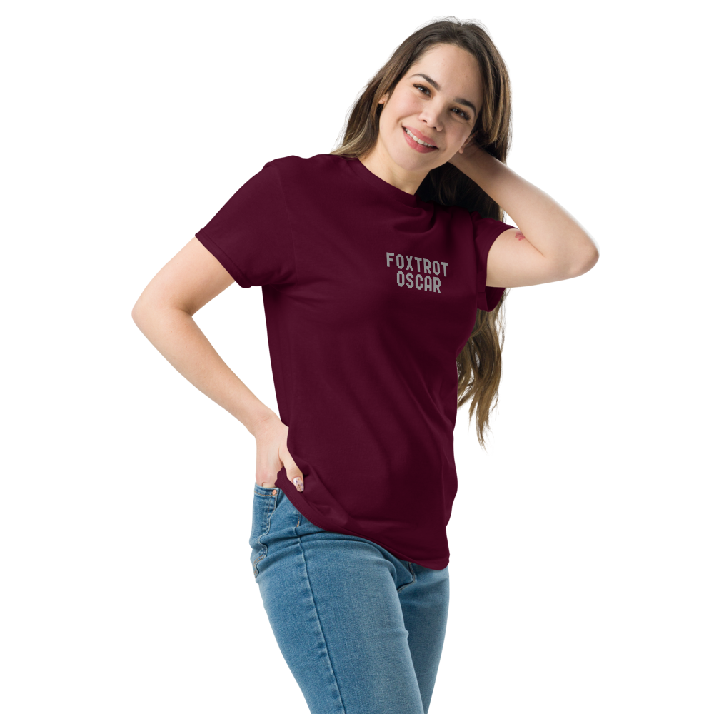 "Foxtrot Oscar" printed on a maroon unisex classic tee worn by a female
