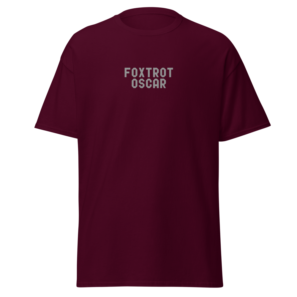 "Foxtrot Oscar" printed on a maroon on an invisible body