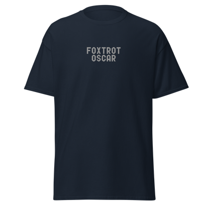 "Foxtrot Oscar" printed on a navy on an invisible body