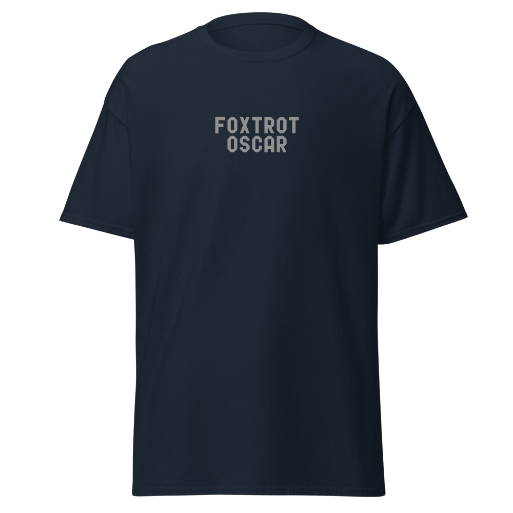 "Foxtrot Oscar" printed on a navy on an invisible body