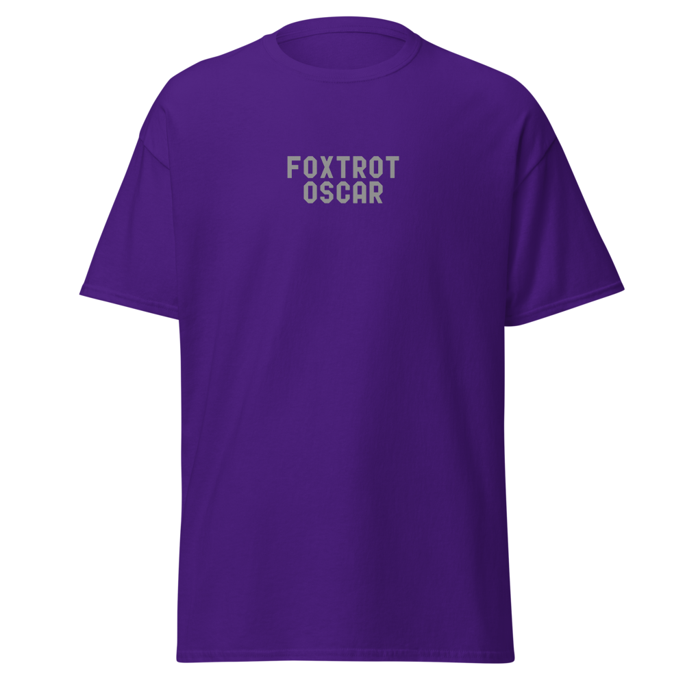 "Foxtrot Oscar" printed on a purple on an invisible body