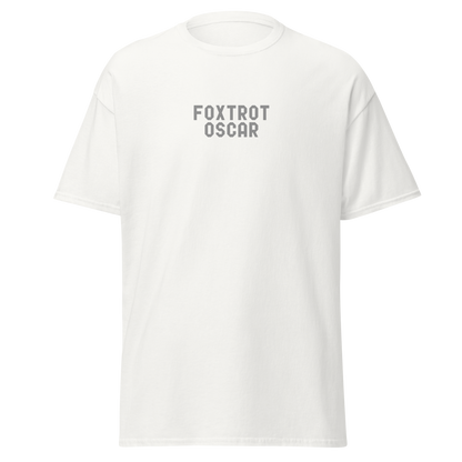 "Foxtrot Oscar" printed on a white on an invisible body