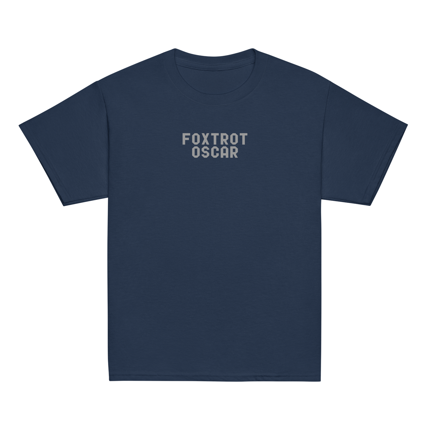 "Foxtrot Oscar" printed on a navy youth classic tee laying on a flat surface