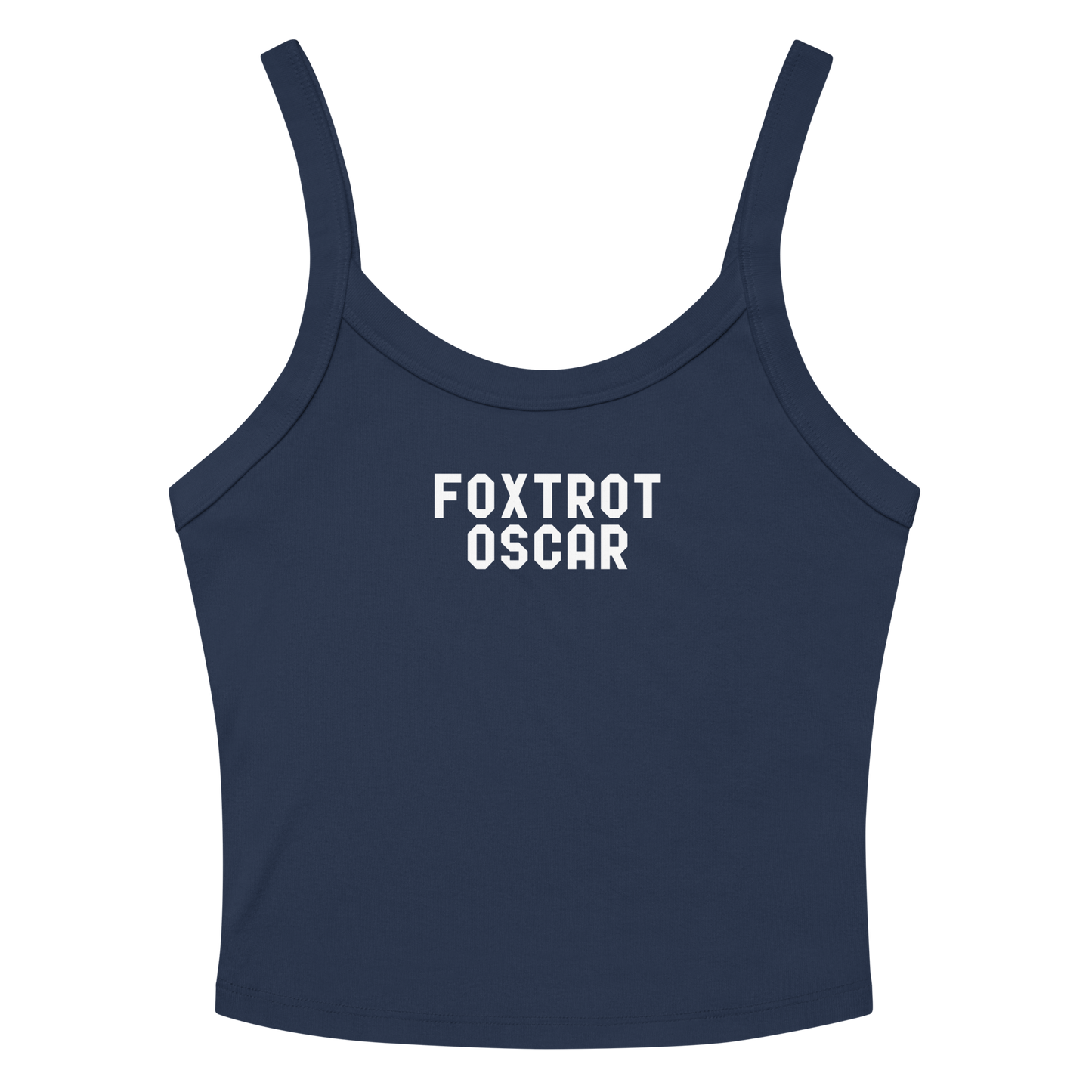 "Foxtrot Oscar" printed on a solid navy blend women's micro-rib tanktop laying on a flat surface amongst sunglasses and shorts