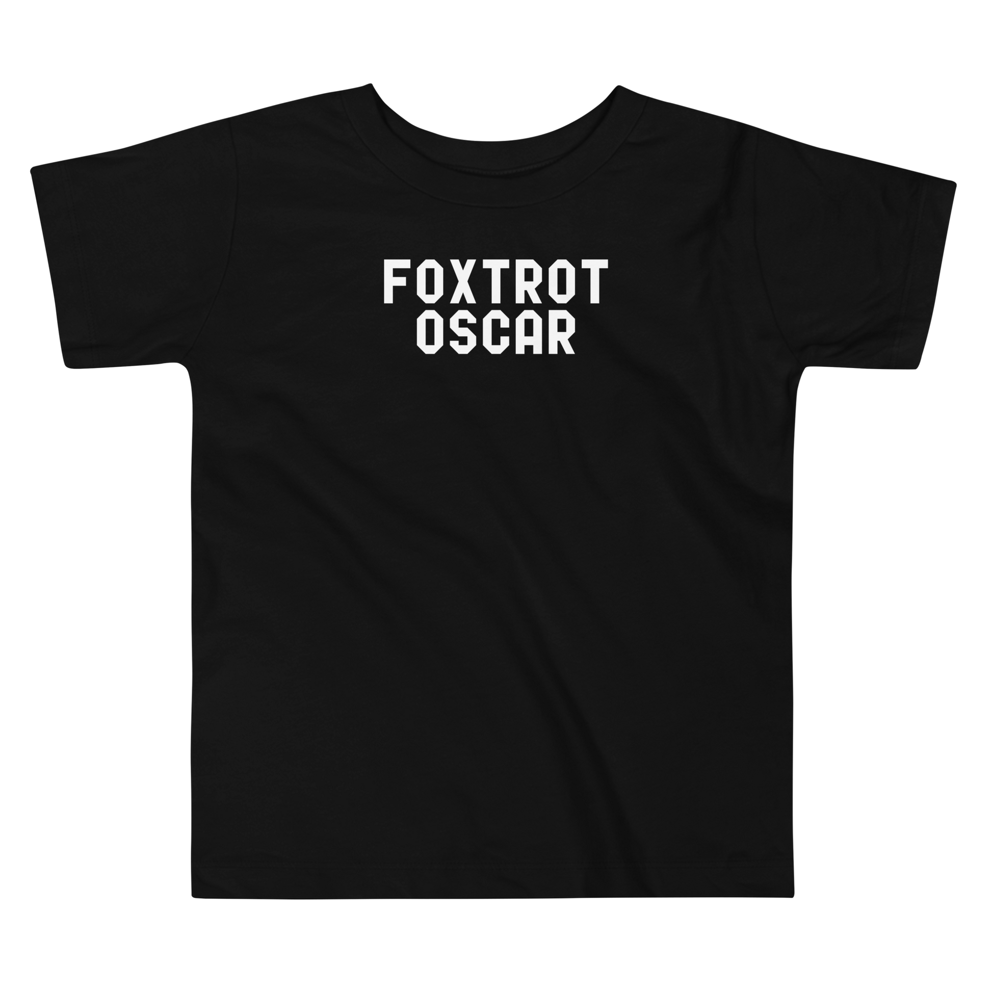 "Foxtrot Oscar" printed on a black toddler short sleeve tee laying on a flat surface