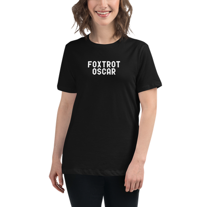 "Foxtrot Oscar" printed on a black women's relaxed t-shirt worn by a female