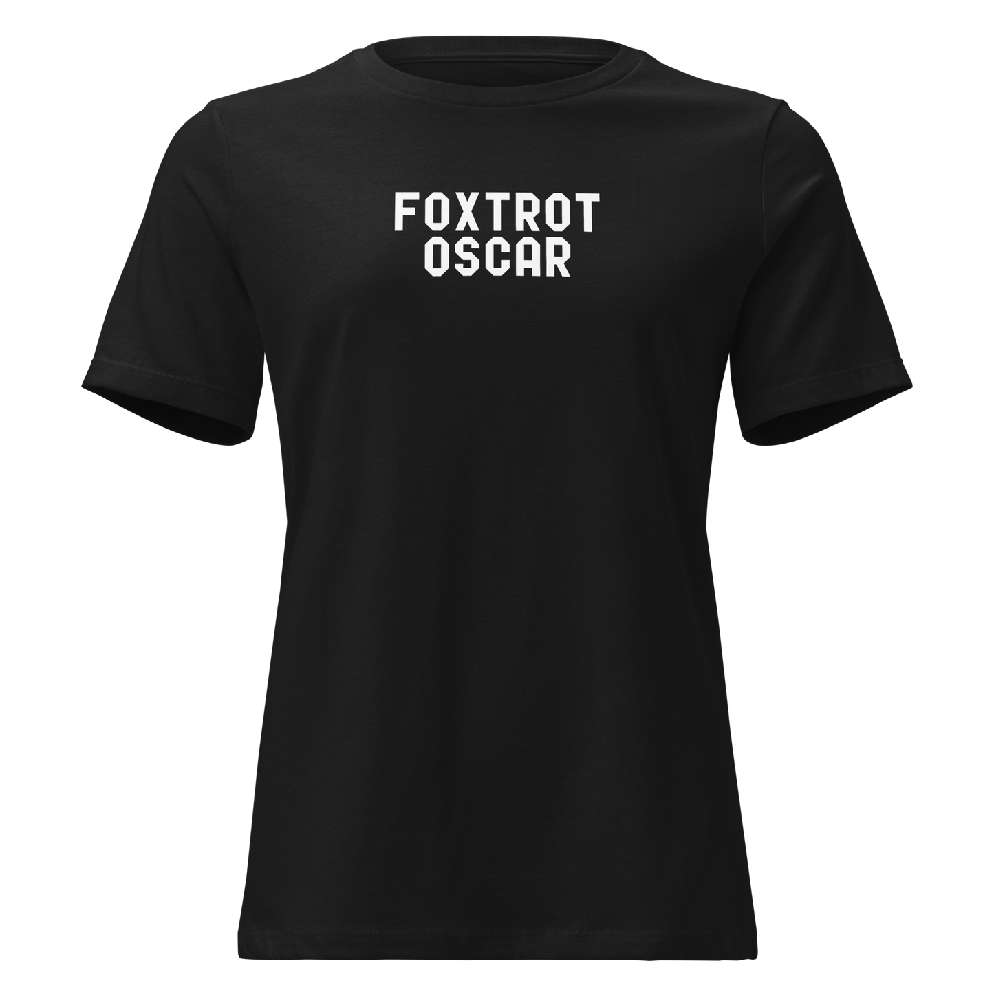 "Foxtrot Oscar" printed on a black on an invisible / simulated body