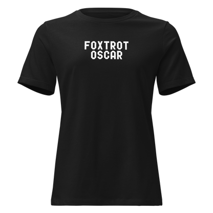 "Foxtrot Oscar" printed on a black on an invisible / simulated body