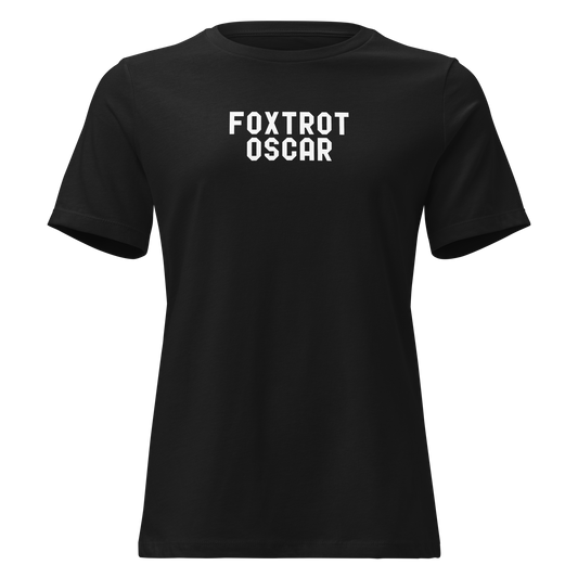 "Foxtrot Oscar" printed on a black on an invisible / simulated body
