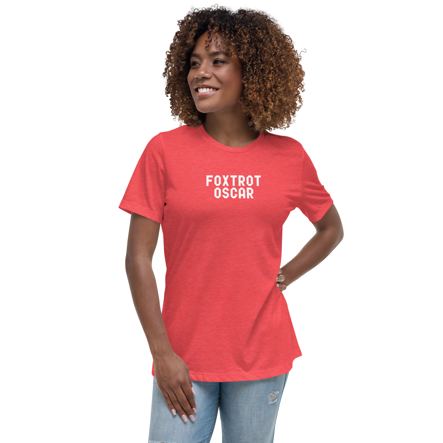"Foxtrot Oscar" printed on a heather red women's relaxed t-shirt worn by a female