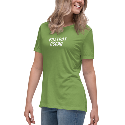 "Foxtrot Oscar" printed on a leaf women's relaxed t-shirt worn by a female