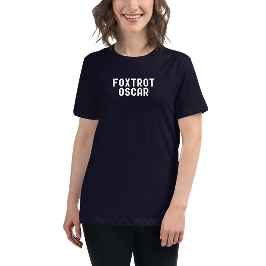 "Foxtrot Oscar" printed on a navy women's relaxed t-shirt worn by a female