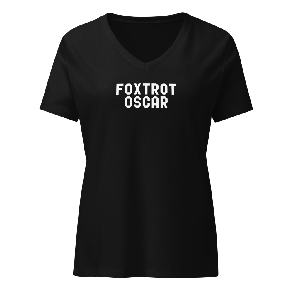 "Foxtrot Oscar" printed on a solid black blend on an invisible / simulated body