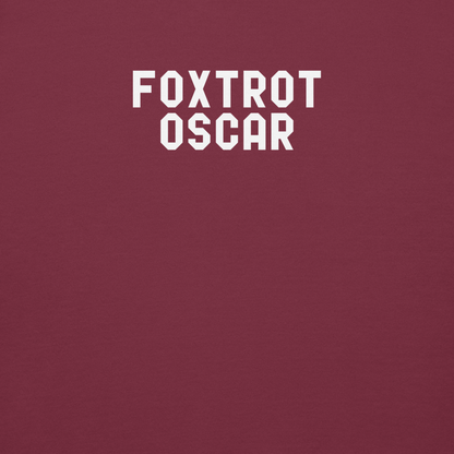 "Foxtrot Oscar" printed on a maroon background