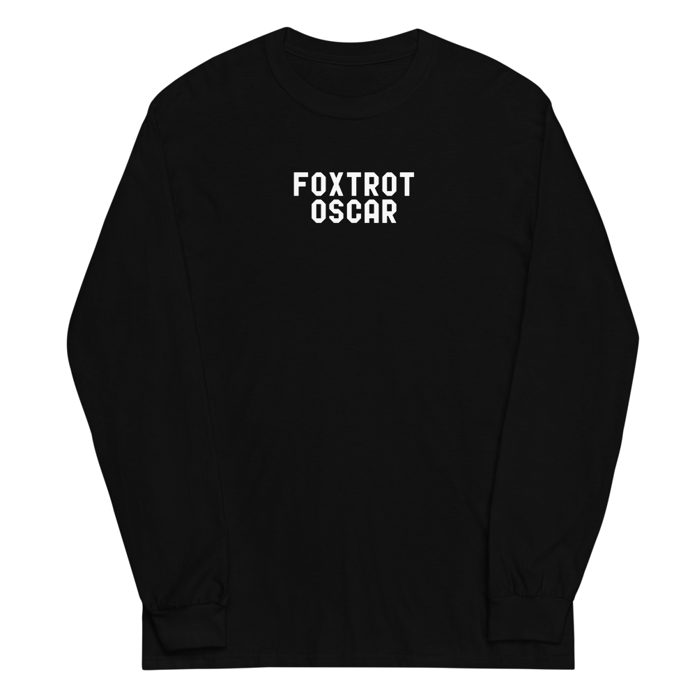 "Foxtrot Oscar" printed on a black men's long sleeve shirt laying on a flat surface