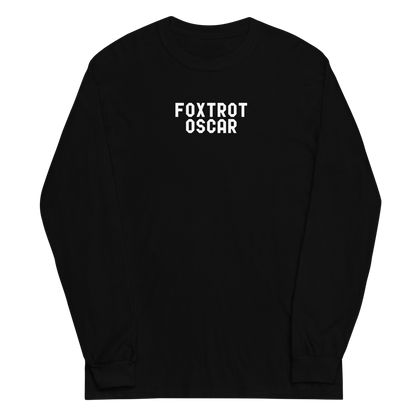 "Foxtrot Oscar" printed on a black men's long sleeve shirt laying on a flat surface