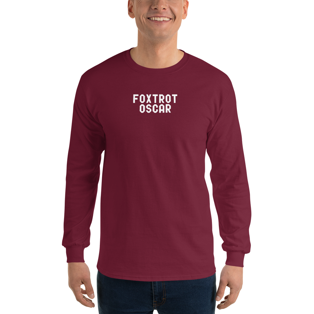 "Foxtrot Oscar" printed on a maroon men's long sleeve shirt worn by a male
