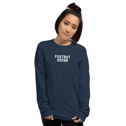 "Foxtrot Oscar" printed on a navy men's long sleeve shirt worn by a female