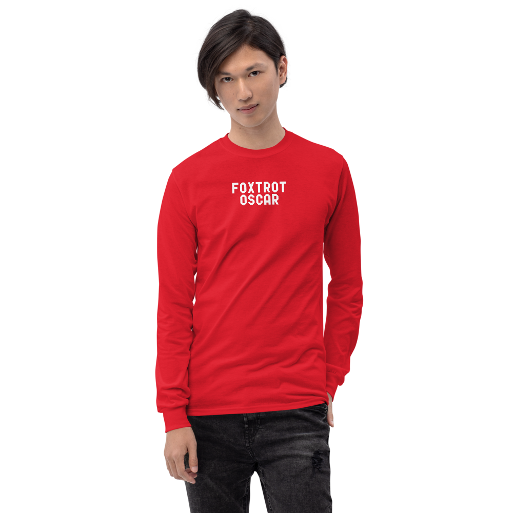 "Foxtrot Oscar" printed on a red men's long sleeve shirt worn by a male
