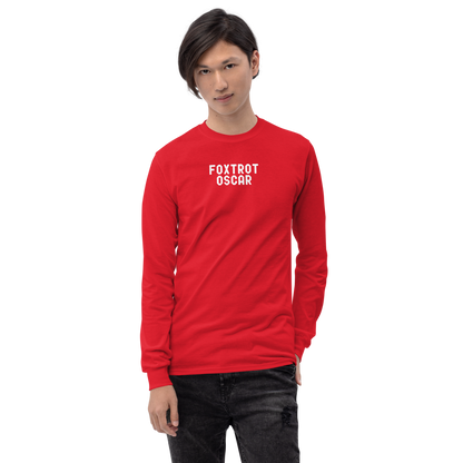 "Foxtrot Oscar" printed on a red men's long sleeve shirt worn by a male