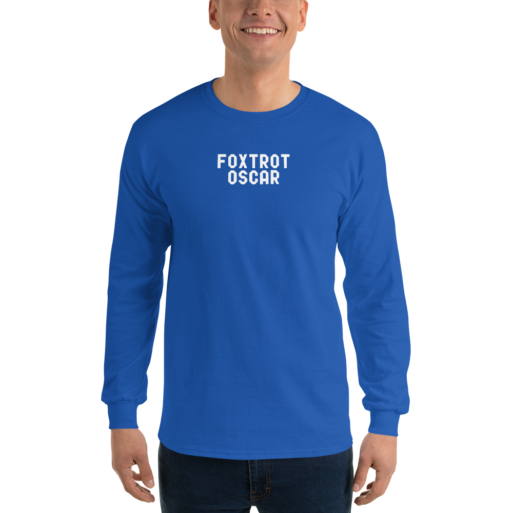 "Foxtrot Oscar" printed on a royal men's long sleeve shirt worn by a male