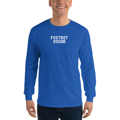 "Foxtrot Oscar" printed on a royal men's long sleeve shirt worn by a male