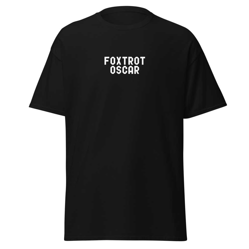 "Foxtrot Oscar" printed on a black on an invisible body