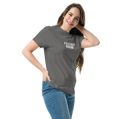 "Foxtrot Oscar" printed on a charcoal unisex classic tee worn by a female
