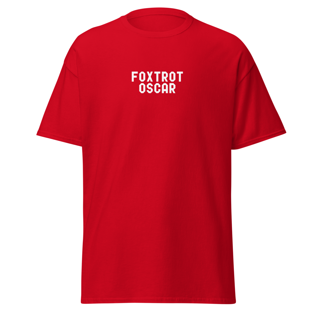"Foxtrot Oscar" printed on a red on an invisible body