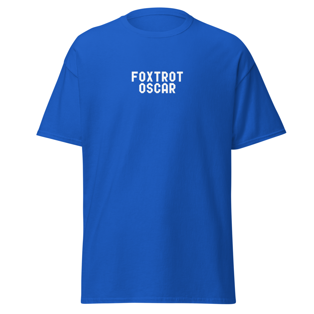 "Foxtrot Oscar" printed on a royal on an invisible body