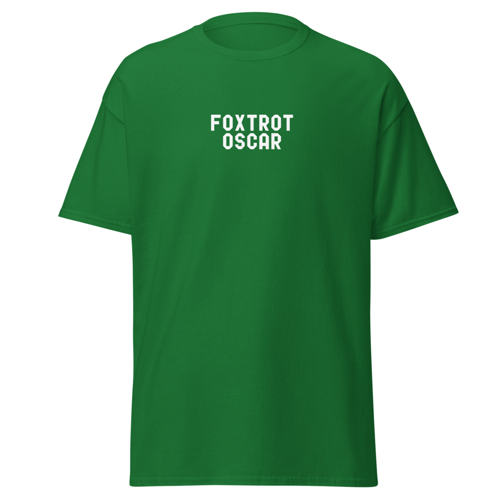 "Foxtrot Oscar" printed on a turf green on an invisible body