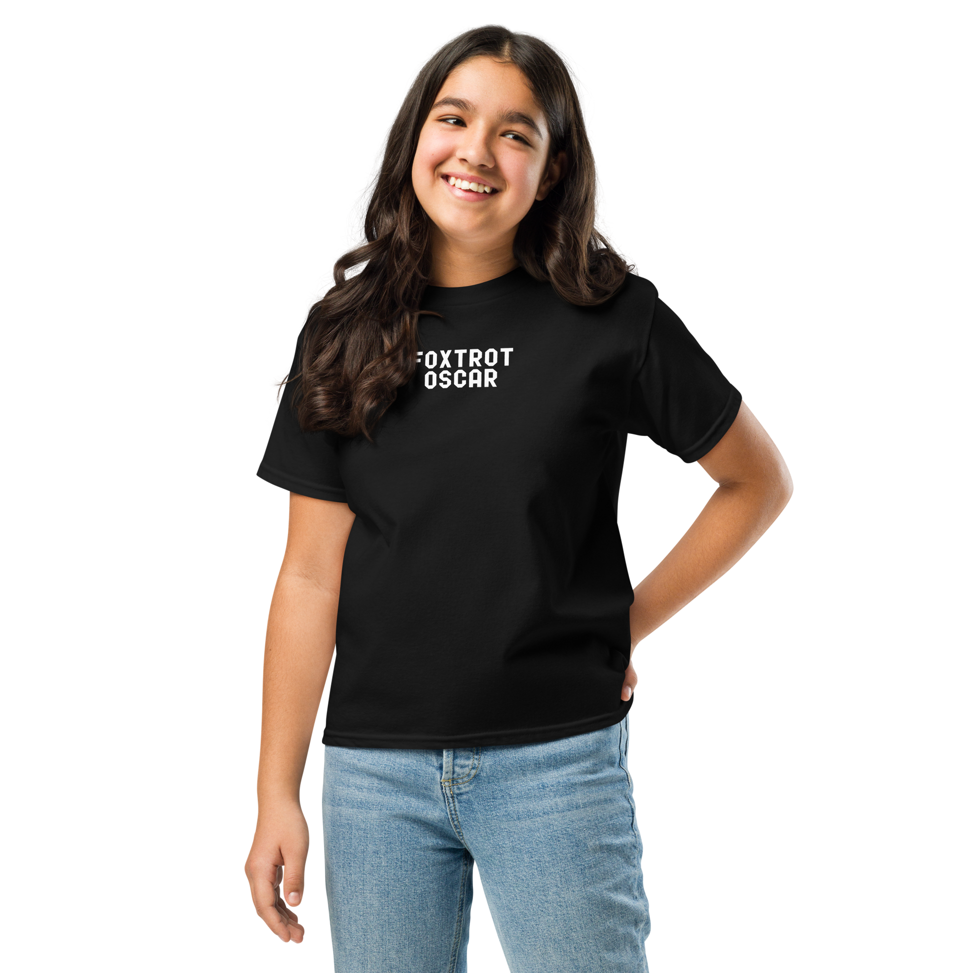 "Foxtrot Oscar" printed on a black youth classic tee worn by a female