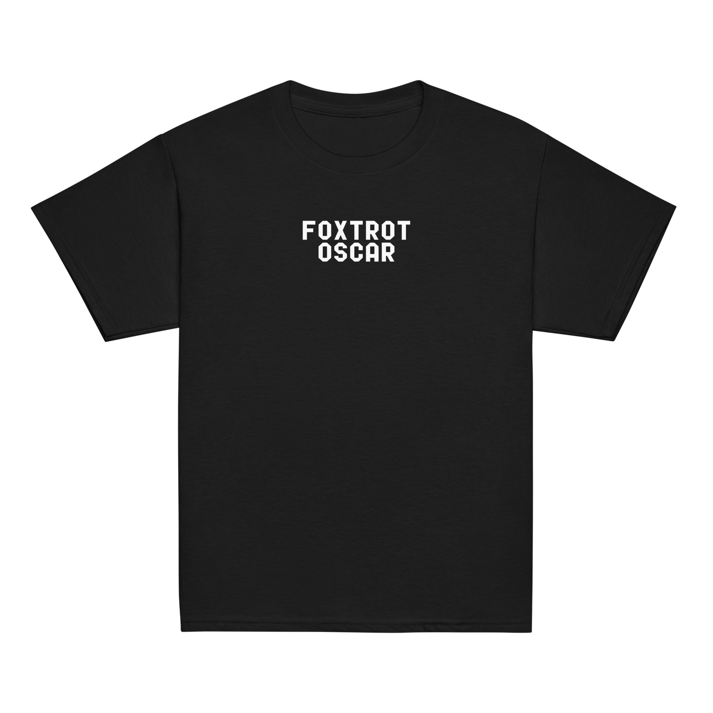 "Foxtrot Oscar" printed on a black youth classic tee laying on a flat surface