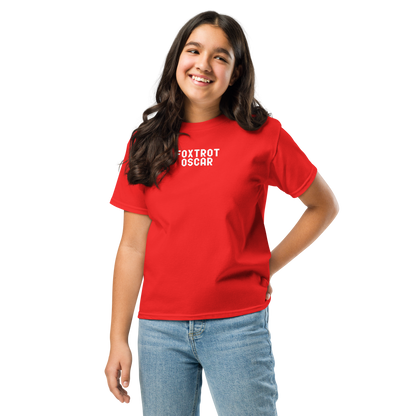 "Foxtrot Oscar" printed on a red youth classic tee worn by a female