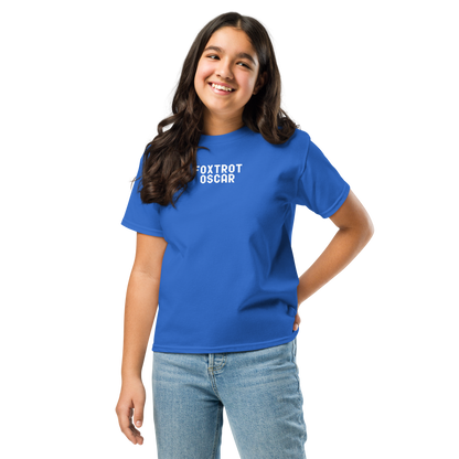 "Foxtrot Oscar" printed on a royal youth classic tee worn by a female