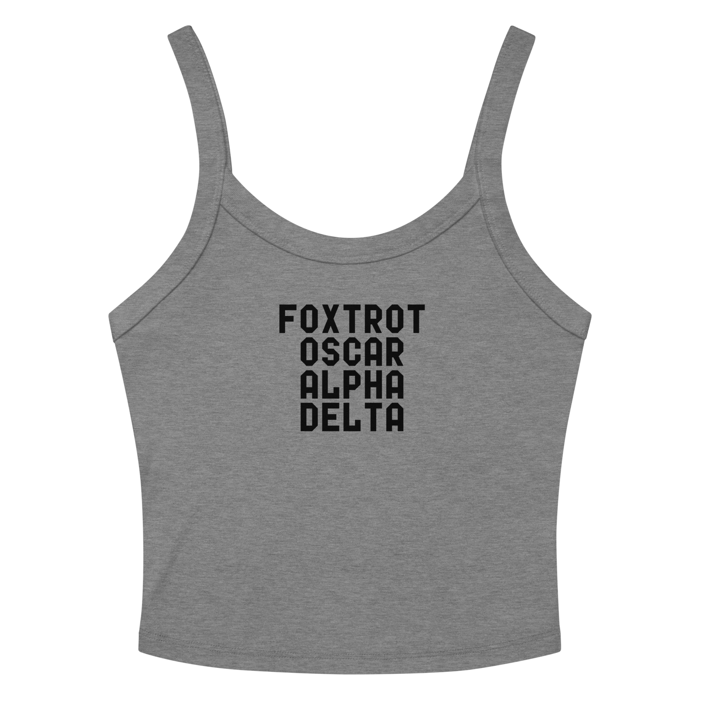 "Foxtrot Oscar Alpha Delta" printed on a athletic heather women's micro-rib tanktop laying on a flat surface amongst sunglasses and shorts