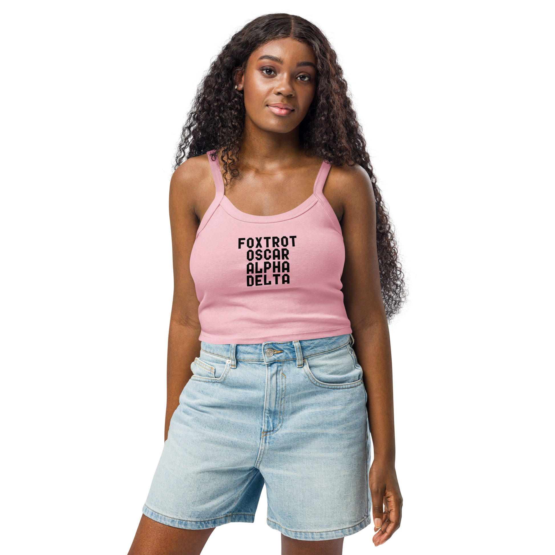 "Foxtrot Oscar Alpha Delta" printed on a solid pink blend women's micro-rib tanktop worn by a female
